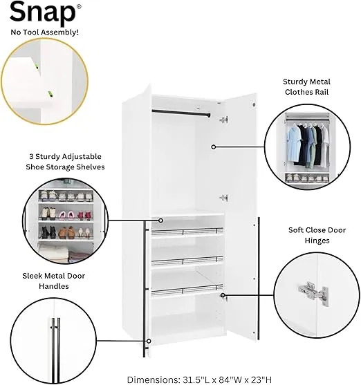 Manhattan Comfort Lee Modern Freestanding Wardrobe Closet 3.0 | Space-Saving Design with 1 Hanging Rod, 3 Shoe Shelves, and 1 Basic Shelf | No Tool Assembly Storage Solution for Bedroom, White