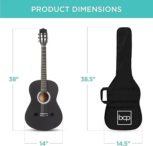 Best Choice Products 38in Beginner All Wood Acoustic Guitar Starter Kit w/Gig Bag, 6 Celluloid Picks, Nylon Strings, Capo, Cloth, Strap w/Pick Holder - Matte Black