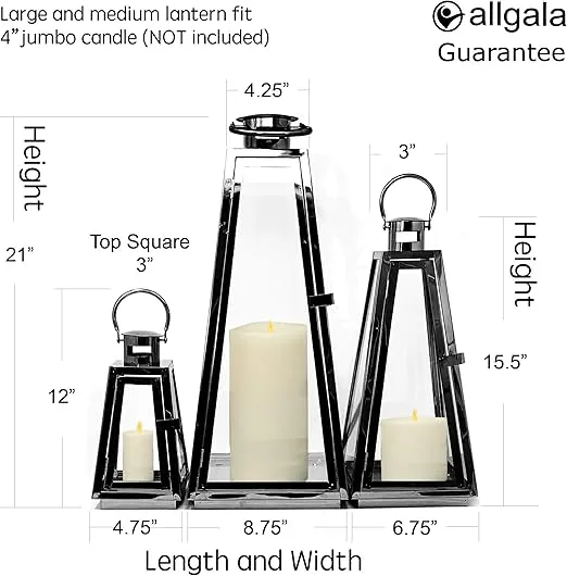 Allgala 3-PC Lantern Set 24 Inch Jumbo Deluxe Modern Indoor/Outdoor Candle Lantern Set Black Stainless Steel Tapered Trapezoid Frame with Tempered Glass for Garden Patio Fireplace Wedding