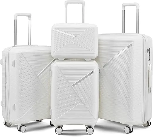 4-Piece Luggage Set, Lightweight Expandable Carry-On Set, TSA Lock, Soundproof Wheel, Aluminium Alloy Tie Rod, PP Material (WHITE)