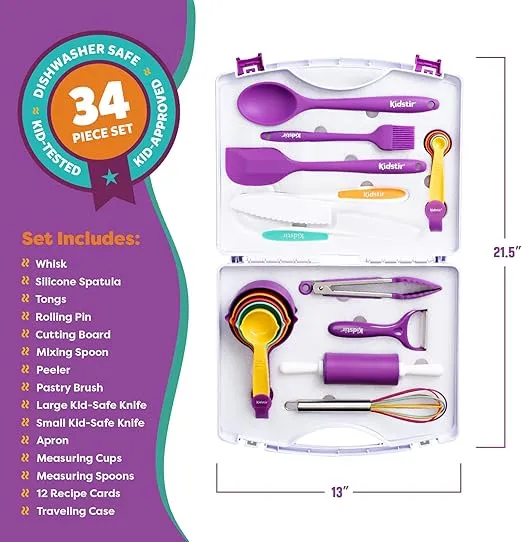 KIDSTIR Kids Cooking Sets Kids Baking Set 34 Piece Real Cooking Set for Kids with Organizer Carrying Case, Kids Cooking Utensils for Girls and Boys Kid Cooking Gift Set and Baking Set for Kids