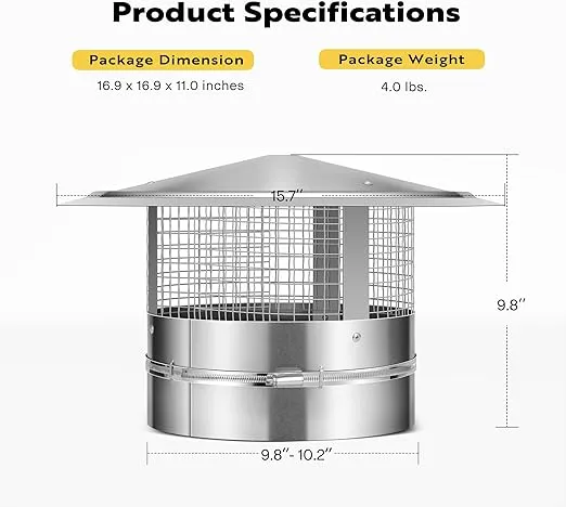 VIVOHOME 10" Cone Top Chimney Cap with Screen, Round Roof Rain Chimney Cover, Galvanized Steel Fireplace Exhaust Cap, Adjustable Roof Cap for Vent