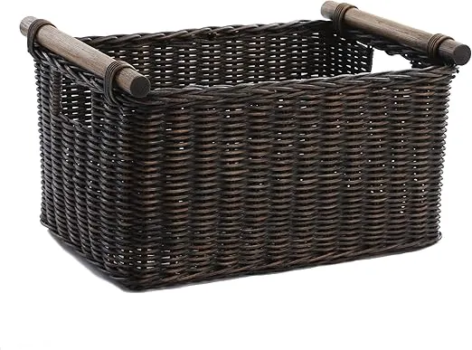 The Basket Lady Pole Handle Wicker Storage Basket, Small, 14 in L x 10 in W x 7.5 in H, Antique Walnut Brown