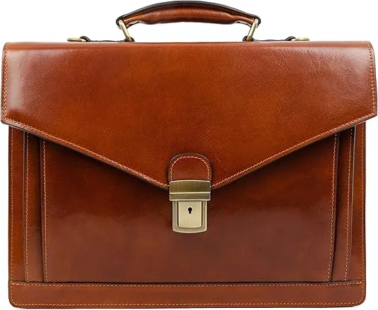 Time Resistance Leather Briefcase for Men - Business Laptop Bag - Italian Handmade Leather Bag - Attache - Gift Box Included