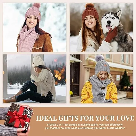 Winter Beanie Hat Scarf Gloves Set for Women, Womens Beanie with Pom Pom Long Scarf Neck Warmer Touchscreen Gloves 3 in 1 Set