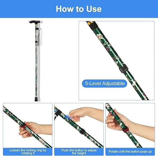 supregear Folding Cane, 5-Level Adjustable Height Walking Stick Lightweight Portable Cane Travel Cane with Wrist Strap and T Handle for Elderly Disabled Men Women