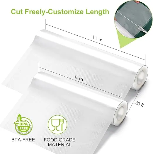 Bonsenkitchen Vacuum Sealer Rolls Bags, 6 Pack 3 Rolls 11" x 20' + 3 Rolls 8" x 20' Commercial Grade BPA Free Bag Rolls, Durable Customized Size Food Vac Bags for Storage and Sous Vide Cooking VB3211