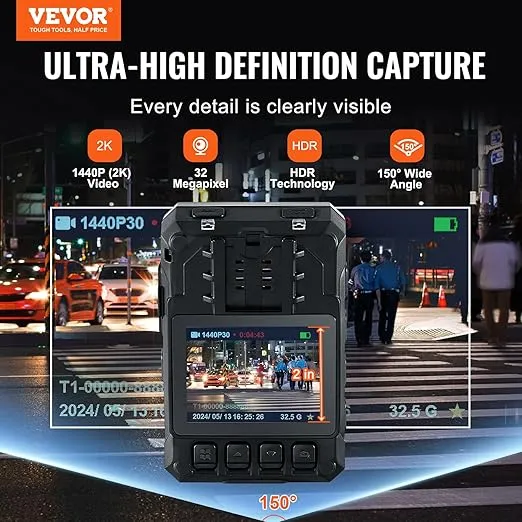 VEVOR 1440P HD Police Body Camera, 128GB Body Cam with Audio Video Recording Picture, Built-in 3500 mAh Battery, 2.0" LCD, Infrared Night Vision, Waterproof GPS Personal Body Cam for Law Enforcement