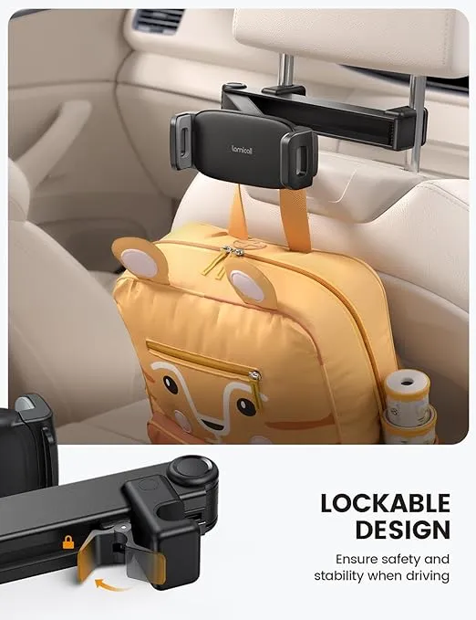 Lamicall Tablet Holder for Car Headrest - [Lockable] [3 in 1 Extension Arm] 2024 Car Backseat Tablet Mount, Road Trip Essentials for Kids, for iPad Pro, Air, Mini, Galaxy, Fire HD, 4.7-13" Tablets