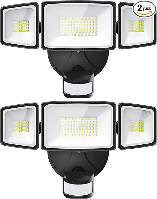 Onforu 2 Pack 65W LED Motion Sensor Outdoor Lights, 6500LM 6500K IP65 Waterproof Security Lights Motion Outdoor Flood Lights Fixture Detection Detector 3 Adjustable Heads for Eave Yard Garage Wall