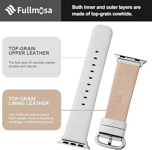 Fullmosa Leather Bands Compatible with Apple Watch 41mm 40mm 38mm 42mm 44mm 45mm 46mm 49mm Women Band Strap for iWatch Ultra 2/Ultra/10/9/8/7/6/5/4/3/2/1/SE2/SE, 42mm 41mm 40mm 38mm White