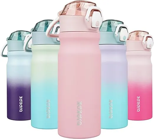 BJPKPK Water Bottle With Straw 18oz Insulated Water Bottles Reusable Stainless Steel Metal Thermos With Leak Proof Lockable Lid And Carry Handle,Light Pink