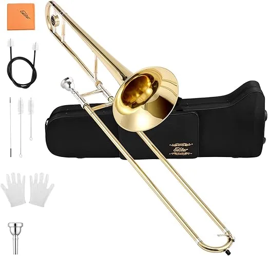 Eastar Bb Tenor Slide Trombone for Beginners Students, B Flat Brass Plated Trombone Instrument with Mouthpiece, White Gloves, Cleaning Kit, ETB-330, Golden