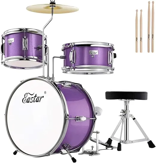 Eastar Drum Set 14 inch for Beginners,3 Piece Junior Drum Kit with Bass Tom Snare Drum,Adjustable Throne, Cymbal, Pedal & Two Pairs of Drumsticks, Metallic Purple