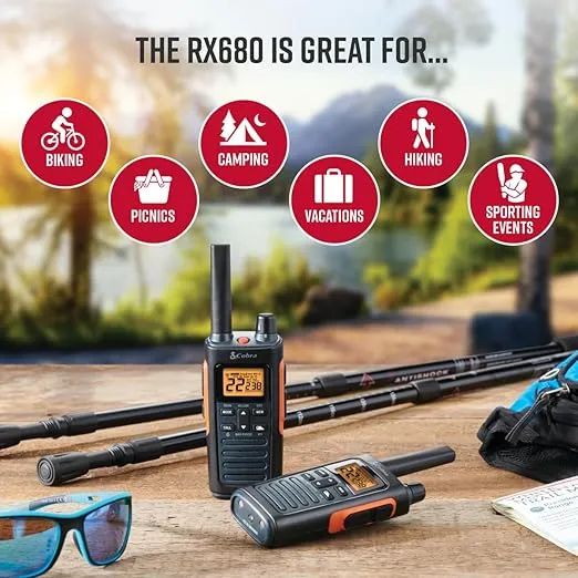 Cobra RX680 Waterproof Walkie Talkies - Rechargeable, 60 Preset Channels, Long Range 38-Mile Two-Way Radio Set (2-Pack),Black and Orange