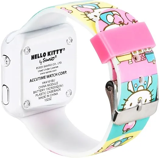 Accutime Hello Kitty LED Kids Watch - Silver Plastic Case, Colorful Printed Artwork, White LED Display, Soft Silicone Strap, Easy to Read, Ideal for Girls, Official Sanrio Merchandise