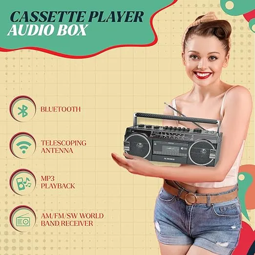 AudioBox RXC-25BT Retrobox 2 Way Speaker System Boombox w/Bluetooth Connectivity, AM/FM/SW, USB and SD Card Connection, & Cassette Player, Red