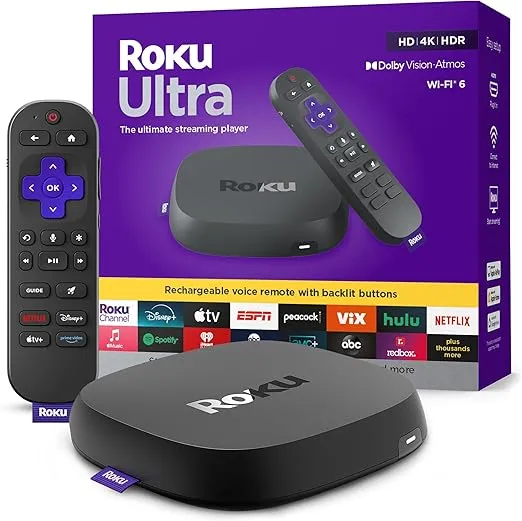 Roku Ultra 2024 - Ultimate Streaming Player - 4K Streaming Device for TV with HDR10+, Dolby Vision & Atmos - Bluetooth & Wi-Fi 6- Rechargeable Voice Remote Pro with Backlit Buttons - Free & Live TV