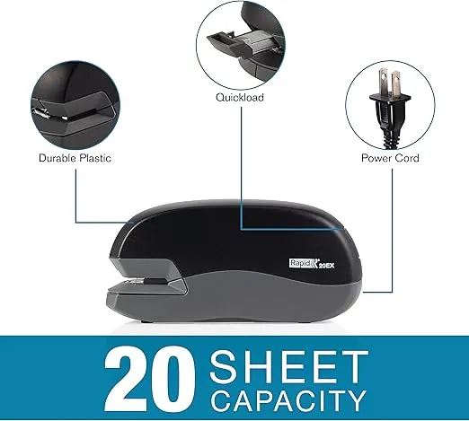 Rapid 20EX Personal Electric Stapler, 20 Sheet Capacity, Black (73126)