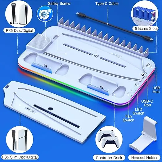 PS5 Stand, PS5 Slim Stand with Cooling Station and Controller Charging Station for PS5 Slim Console Disc/Digital, PS5 Accessories Cooling Fan, RGB LED, Headset Holder Sony PSP Batteries& Chargers