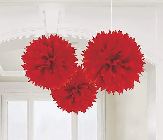 Elegant Apple Red Fluffy Hanging Paper Decorations - 16", 3 Pieces - Great For Party & Event Decor