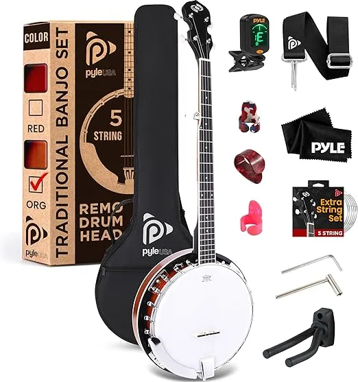 Pyle Banjo Kit with Remo Head and Sapele Resonator, 39" Full Size Traditional Open or Closed Back 5 String Instrument with 24 Brackets, Geared 5th Tuner, Premium Accessory Kit (Sun Burst)