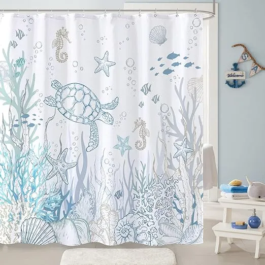 Nautical Coastal Turtle Shower Curtain, Coral Starfish Seashell Ocean Themed Bathroom Curtain, Underwater Seahorse Bathroom Decor Blue 72 x 72 inch