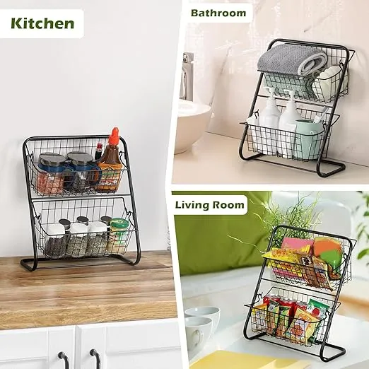 Fruit Basket Bowl for Kitchen Counter 2 Tier Countertop Hanging Fruit and Vegetable Basket Metal Wire Storage Baskets Fruit Stand Organizer Holder for Bread Snack Veggies Produce, Black