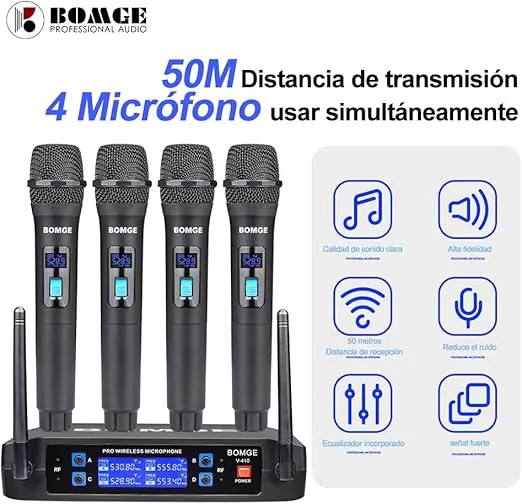 Wireless Microphone System, BOMGE Pro 4-Channel Cordless Mic Set with Four Handheld Mics, Fixed Frequency, Long Range 200ft, Ideal for Church,Karaoke, Events (V410)