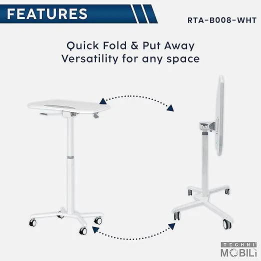 Techni Mobili White Sit to Stand Mobile Laptop Computer Stand with Height Adjustable and Tiltable Tabletop