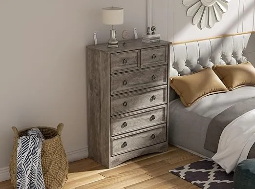 LGHM Modern 6 Drawer Dresser, Dressers for Bedroom, 44.33" Tall Chest of Drawers Closet Organizers & Storage Clothes - Easy Pull Handle, Textured Borders Living Room, Hallway, Gray