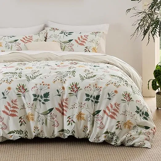 Bedsure Duvet Cover King Size - 100% Cotton Reversible Fall Flower Beige Duvet Cover Set with Zipper, Floral Bedding Comforter Cover, 3 Pieces, 1 Soft Duvet Cover 104"x90" and 2 Pillow Shams 20"x36"