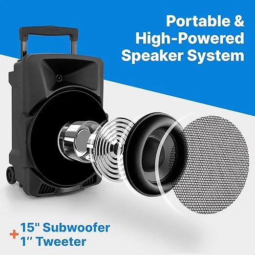 Pyle Wireless Portable PA Speaker System -1200W High Powered Bluetooth Compatible Indoor&Outdoor DJ Sound Stereo Loudspeaker wITH USB MP3 AUX 3.5mm Input, Flashing Party Light & FM Radio -PPHP1544B