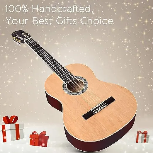 ADM Full Size Classical Nylon Strings Acoustic Guitar 39 Inch Classic Guitarra Starter Bundle for Adult with Free Lessons, Gig Bag, Tuner, Footstool, Kids Student Beginner Kits, Nature