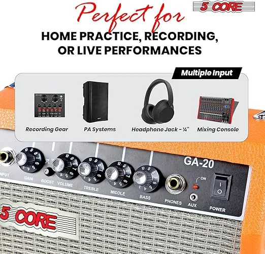 5 Core Guitar Amp 20W Amplifier for Electric Bass Acoustic Practice Amp Small Portable Mini Orange Amplificador para Bajo with Built in Effects - GA 20 ORG