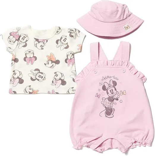 Disney Minnie Mouse Ariel Baby Girls French Terry Short Overalls T-Shirt and Hat 3 Piece Outfit Set Newborn to Infant