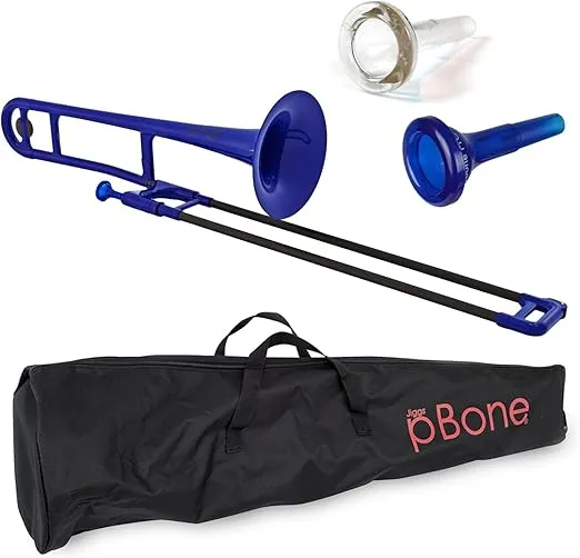 PINSTRUMENTS Plastic pBone Trombone - Mouthpieces and Carrying Bag - Lightweight Versatile, Comfortable Ergonomic Grip - Bb Authentic Sound for Student & Beginner - Durable ABS Construction - Blue