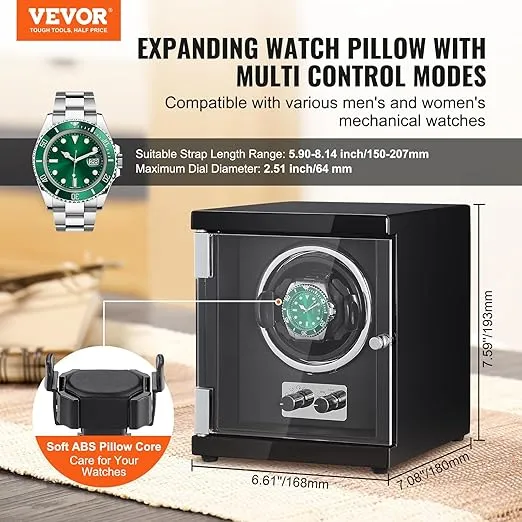 VEVOR Watch Winder, Rotating Watch Box for High-End Automatic Watches, Single Watch Winder Case with Quiet Japanese Motor, LED Light, Adjustable Direction and Speed, Multi Modes