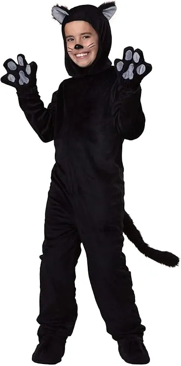 Kids Black Cat Costume - Velour Jumpsuit, Mitts, Headpiece, Shoe Covers