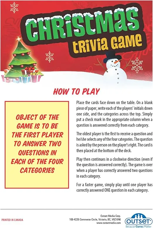 Cobble Hill Puzzle Company Ltd. Outset Media Christmas Trivia Game - Party Game - Holiday Travel Game - Family Game - Fun and Easy to Play - 70 Trivia Cards - for 2 or More Players - Ages 12+