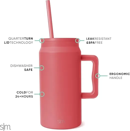 Simple Modern 50 oz Mug Tumbler with Handle and Straw Lid | Reusable Insulated Stainless Steel Large Travel Jug Water Bottle | Gifts for Women Men Him Her | Trek Collection | 50oz | Spiced Coral