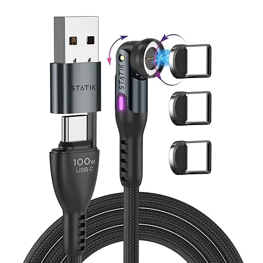 Statik 360 Pro Magnetic Phone Charger - Magnetic USB C Charging Cable, 3-in-1 Magnetic Charger Cable, iProduct, Micro-USB, USB-A & USB C Magnetic Charging Cable - Black, 6FT/2M