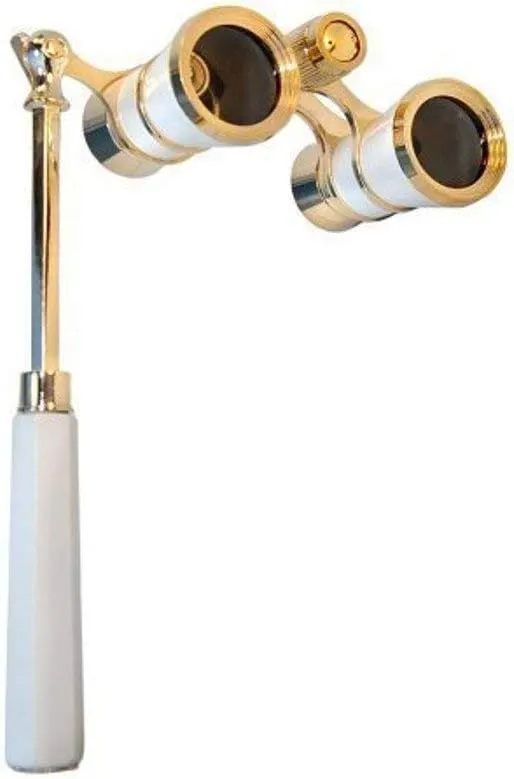 HQRP 3 x 25 Opera Glasses Binocular w/Built-in Extendable Handle, White-Pearl with Gold Trim, with Crystal Clear Optics (CCO)