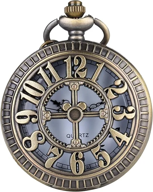 I-MART Retro Antique Bronze Pocket Watch with 31" Lobster Clasp Necklace Chain, Classic Quartz Clock Necklace, Vintage Steampunk Pocket Watch with Chain for Men and Women