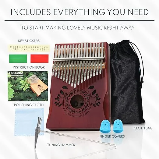 Kalimba 17 Key Thumb Piano, Portable Mahogany Mbira Finger Piano with Instruction, Carrying Bag, Tune Hammer, Holiday Gift for Kids & Adults on Christmas & Thanksgiving (Cherry)