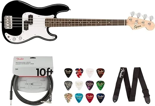 Squier by Fender Mini Precision Bass (Laurel, Black) Bundle with Fender 10ft Cable (Straight/Straight), Fender Guitar 12-Pack Picks, and Fender 2" Guitar Straps