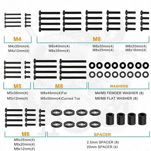 WALI Universal TV Mounting Hardware Kit Set Includes M4 M5 M6 M8 TV Screws and Spacer Fit Most TVs up to 80 inch (UVSP), Black