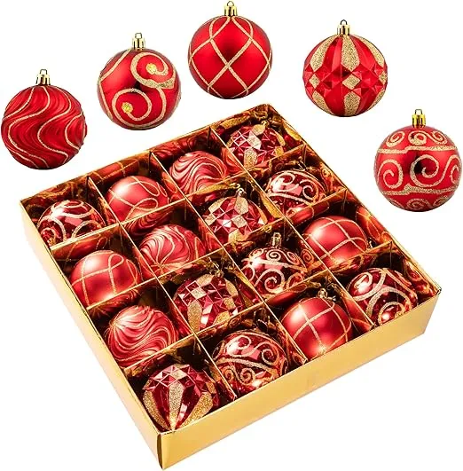 Christmas Ornaments - 16 Pcs Christmas Ball Ornaments Set, Assorted Shatterproof Christmas Glittering Ornaments for Christmas Tree, Christmas Tree Decoration for Xmas Holiday (Red)