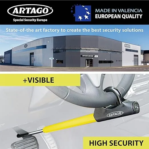 Artago 871A/B Steering Wheel Brake Pedal Lock, Yellow, Key Lock, Made in Europe, High Security, Adjustable Length, Easy Hook System