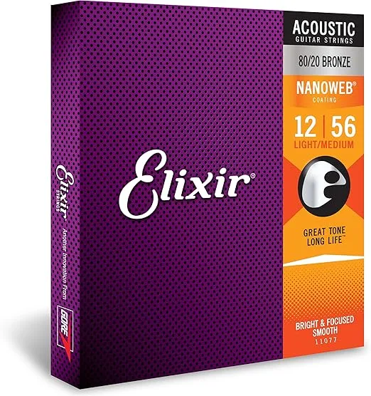 Elixir Strings 80/20 Bronze Acoustic Guitar Strings w NANOWEB Coating, Light/Medium (.012-.056)